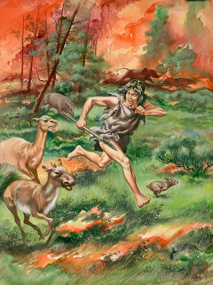 Stone Age Man Fleeing Fire (Original) art by Ron Embleton Art at The Illustration Art Gallery