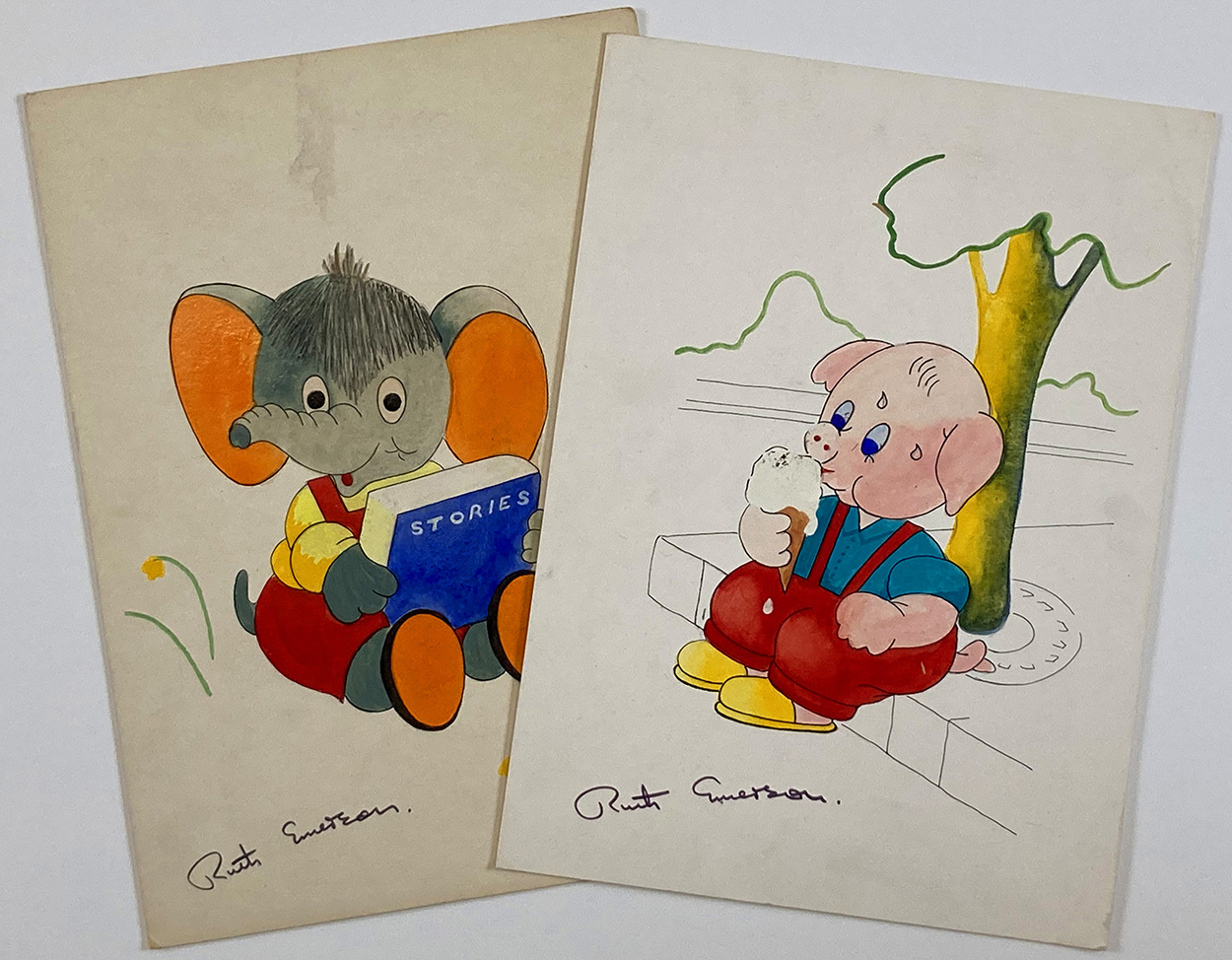 Ice Cream Piggy and Story Time Elephant (Original) (Signed) art by Ruth Emerson Art at The Illustration Art Gallery