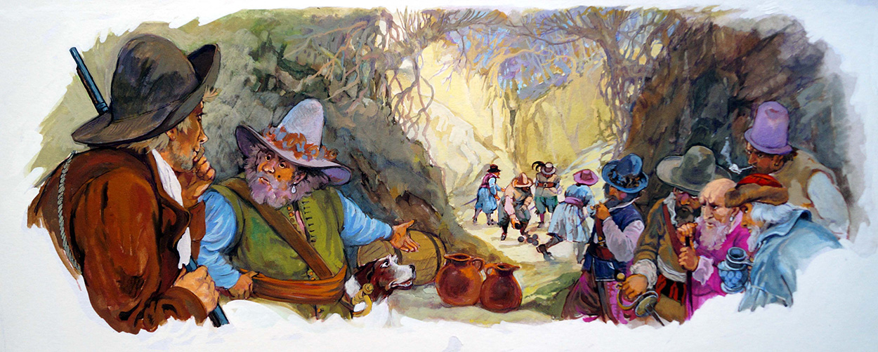 Rip Van Winkle - Rip Drinks With The Dwarves (Original) art by Gwen Green Art at The Illustration Art Gallery