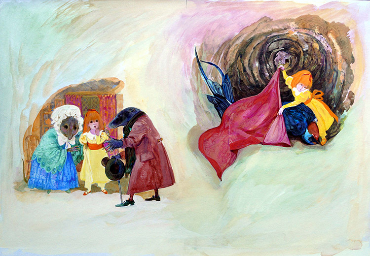 Thumbelina - Thumbelina Meets A Mole And A Swallow (Original) by Gwen Green Art at The Illustration Art Gallery