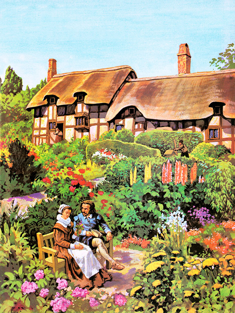 William Shakespeare and Anne Hathaway's Cottage (Original) art by Harry Green Art at The Illustration Art Gallery