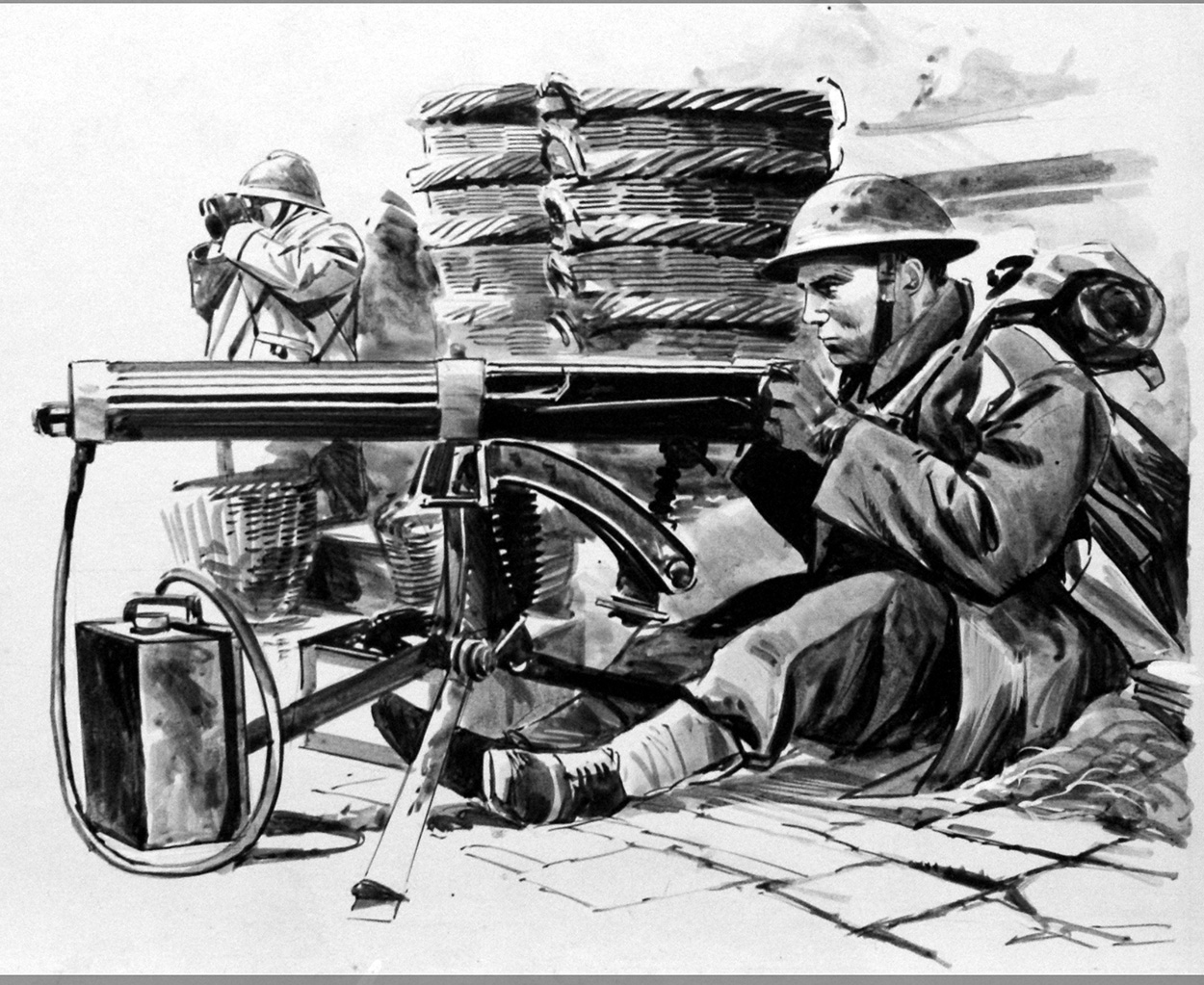 British Machine Gunner waiting for the Germans outside Dunkirk (Original) art by Land (Wilf Hardy) at The Illustration Art Gallery