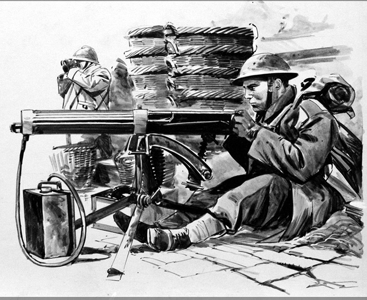 British Machine Gunner waiting for the Germans outside Dunkirk (Original) by Land (Wilf Hardy) at The Illustration Art Gallery