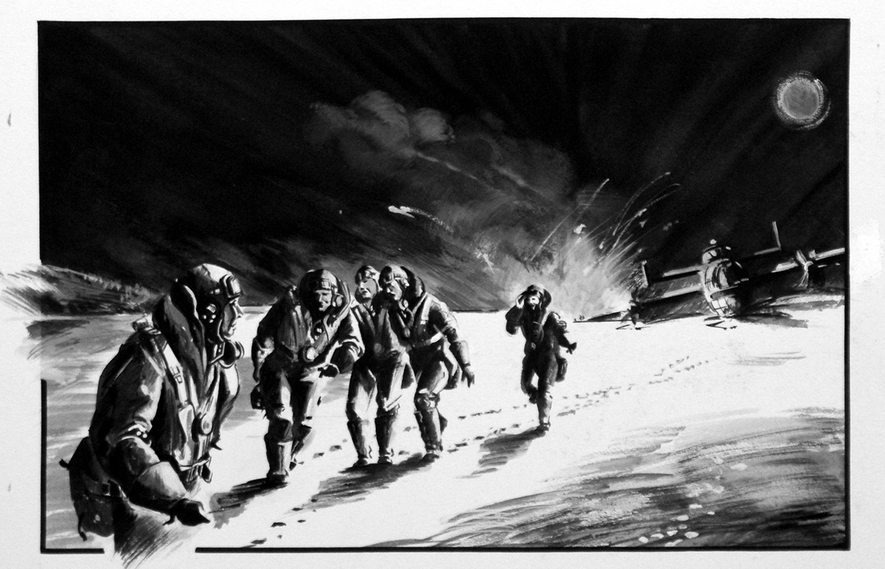 Crew of a Crash-landed Halifax Bomber Escape across a Frozen Lake (Original) art by Land (Wilf Hardy) at The Illustration Art Gallery
