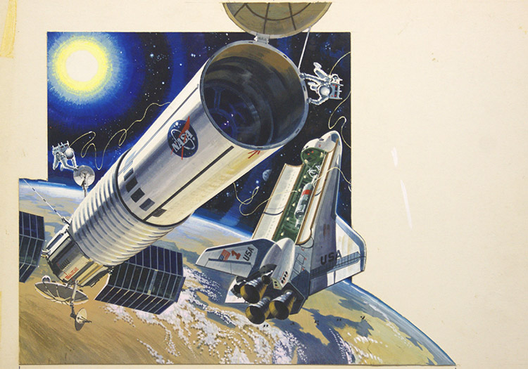 The Space Shuttle and the Hubble Space Telescope (Original) (Signed) by Space (Wilf Hardy) at The Illustration Art Gallery