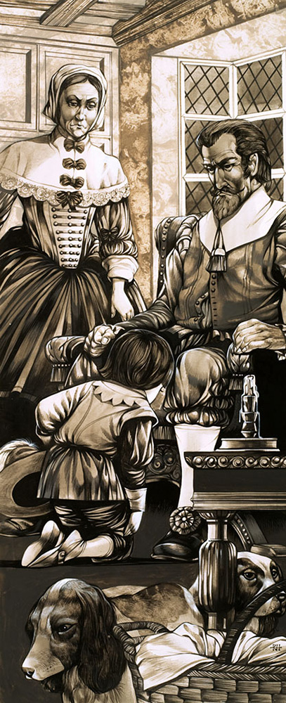A 17th Century Boy Kneels in Front of his Father in Penitence (Original) (Signed) art by Richard Hook Art at The Illustration Art Gallery