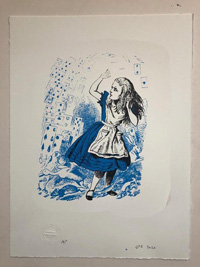 Alice defending her self from a pack of cards, in blue art by John Tenniel