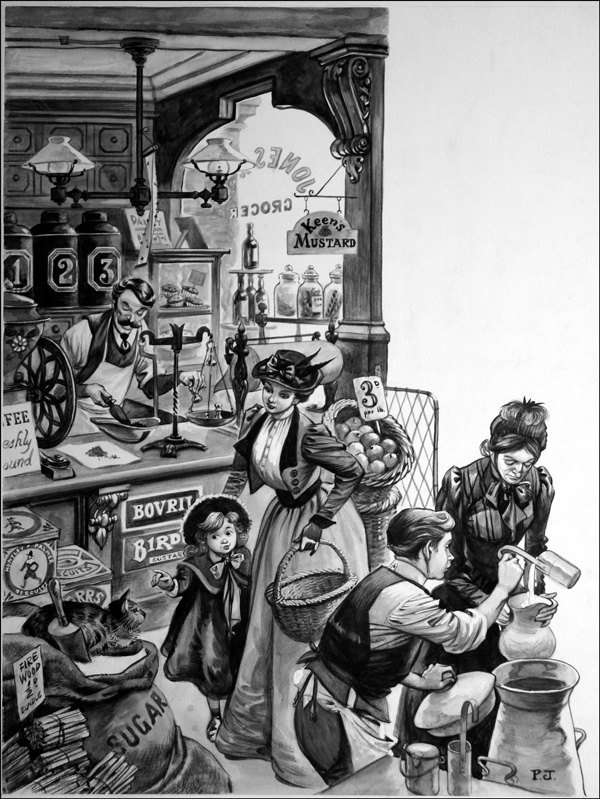 Shopping in Edwardian times (Original) (Signed) by British History (Peter Jackson) at The Illustration Art Gallery