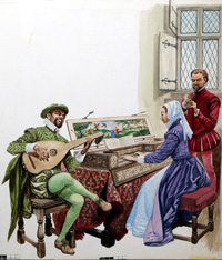 Tudor Music In The Home (TWO pages) art by Peter Jackson