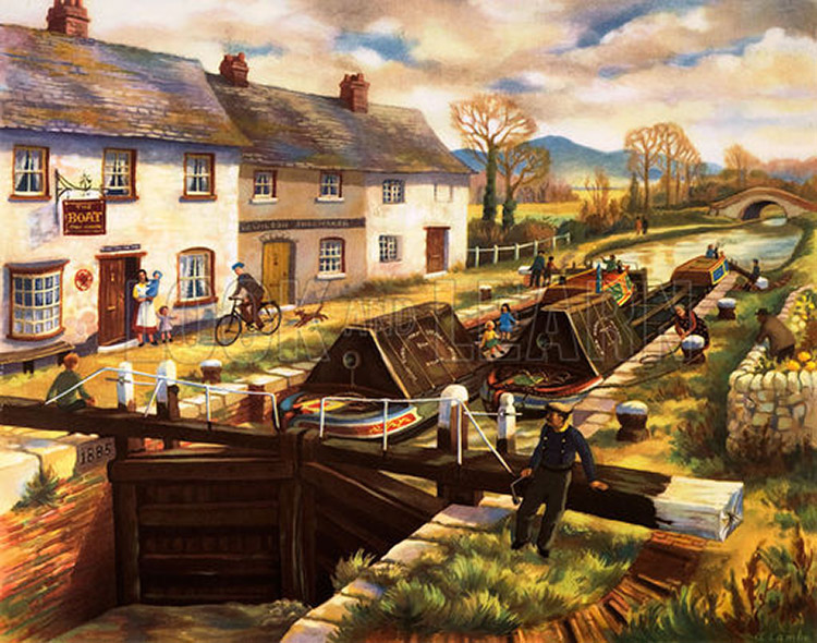 Canal Barges in a Loch (Original Macmillan Poster) (Print) by A Lambe at The Illustration Art Gallery