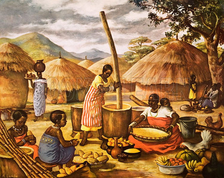 Preparing Mealies in east Africa (Original Macmillan Poster) (Print) by A Lambe at The Illustration Art Gallery