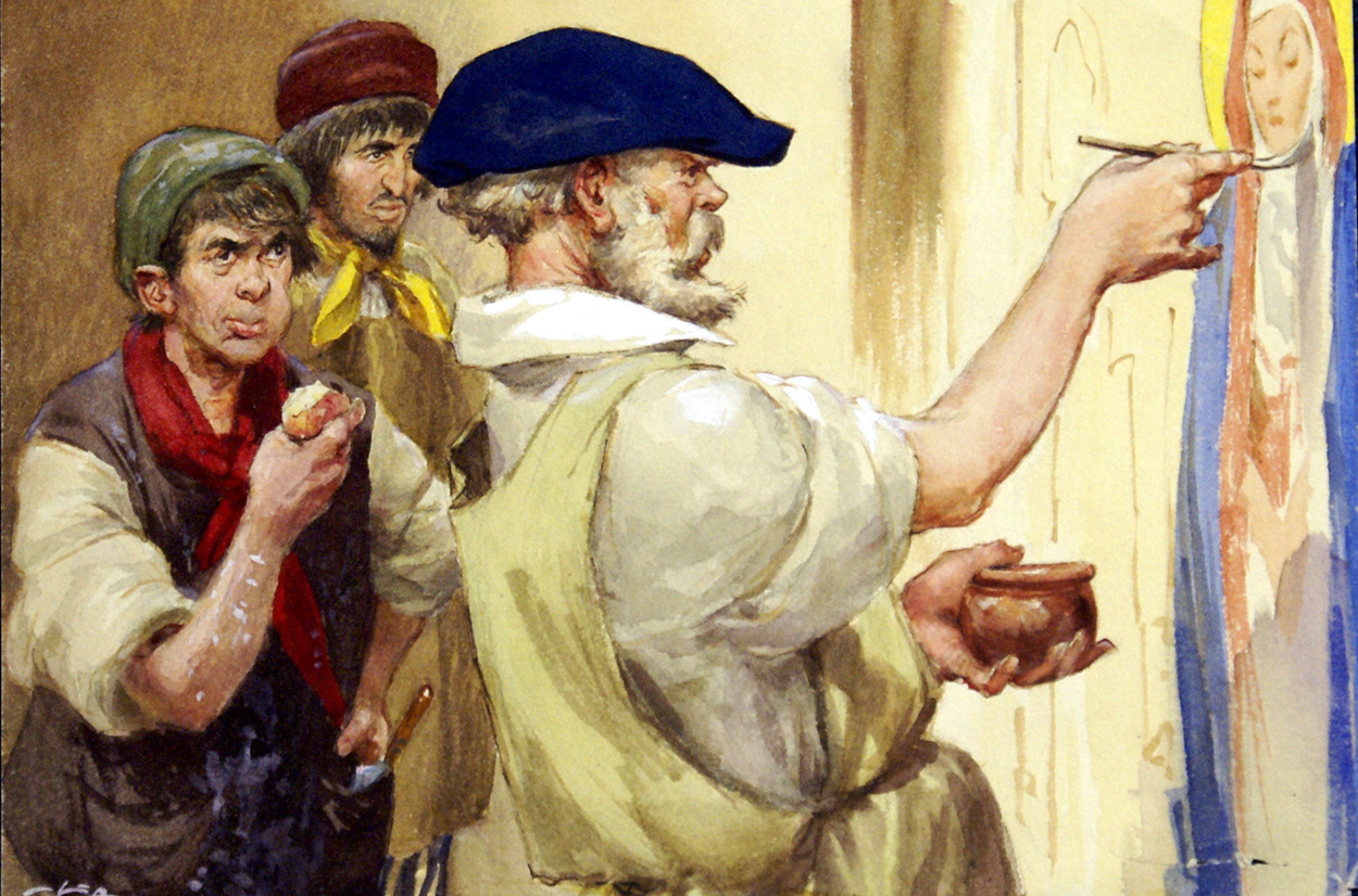 Hans Holbein demonstrating to student (Original) (Signed) art by Frank Marsden Lea at The Illustration Art Gallery
