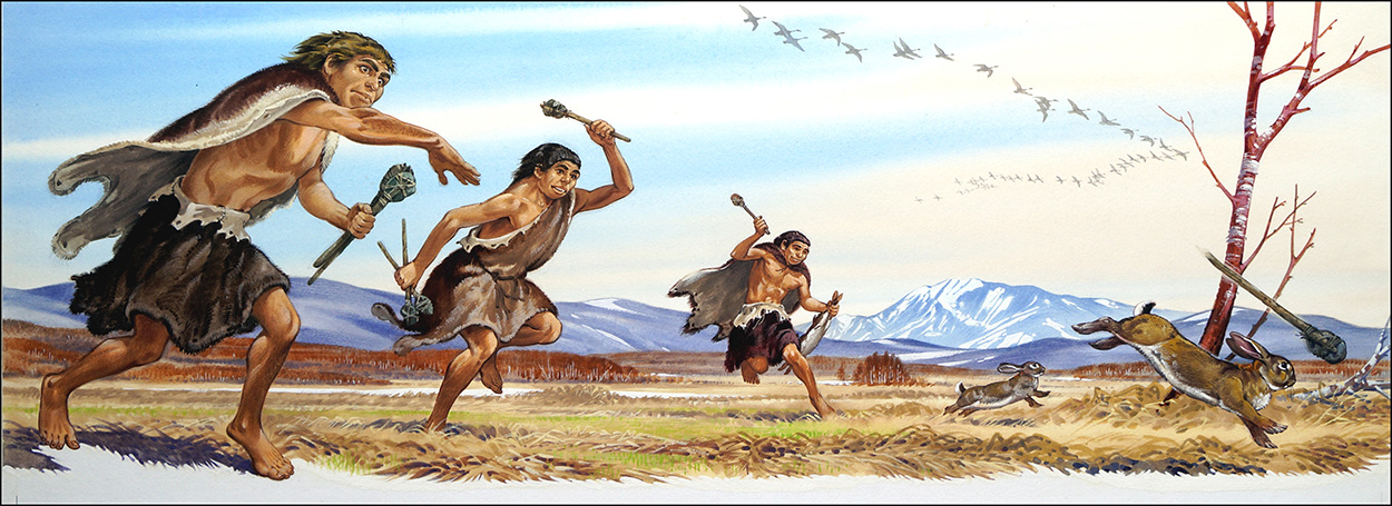 Neanderthal Boys Hunting Rabbits (Original) art by Bernard Long at The Illustration Art Gallery