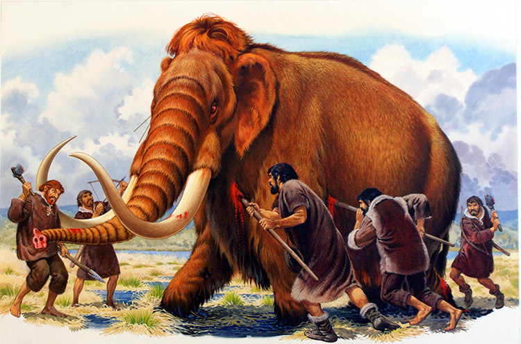 Early Hunters Attacking a Woolly Mammoth (Original) by Bernard Long Art at The Illustration Art Gallery