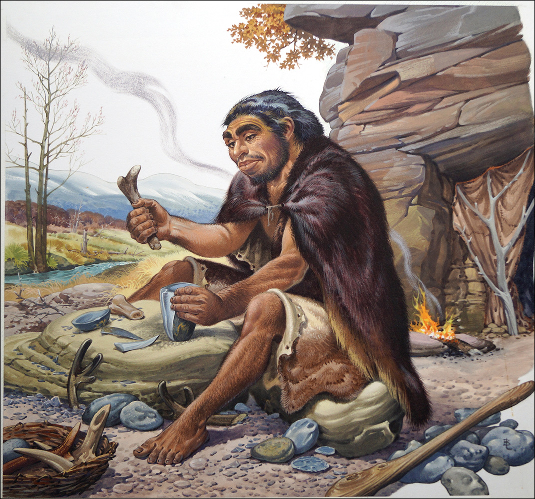 Neanderthal Tool Maker (Original) (Signed) art by Bernard Long Art at The Illustration Art Gallery