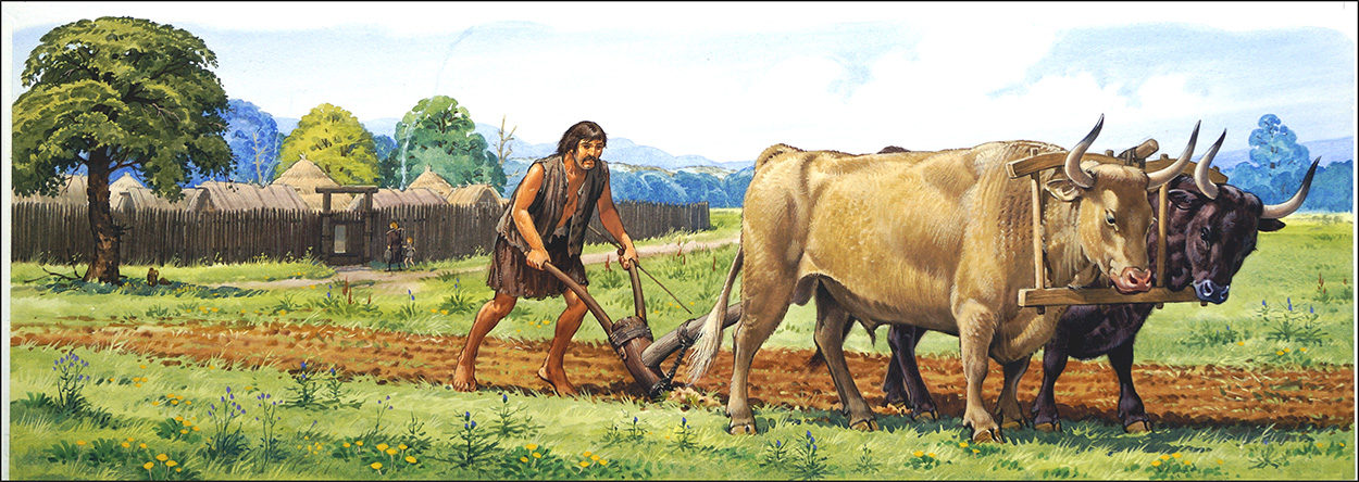 Neolithic Man Ploughing (Original) art by Bernard Long Art at The Illustration Art Gallery