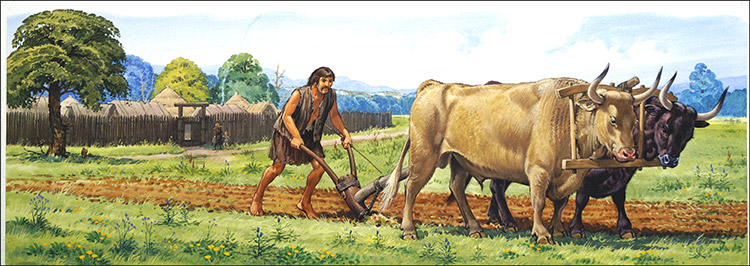 Neolithic Man Ploughing (Original) by Bernard Long at The Illustration Art Gallery