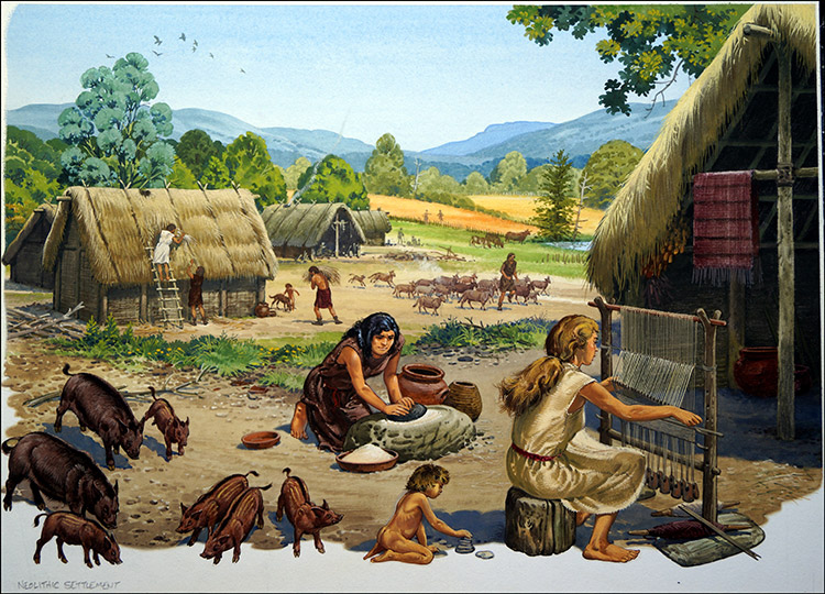 Neolithic Settlement (Original) by Bernard Long at The Illustration Art Gallery