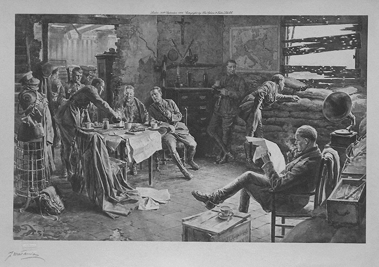 With The British Officer at Ypres: Afternoon Tea in a Ruined Farmstead (Limited Edition Print) (Signed) by World Wars (Matania) at The Illustration Art Gallery