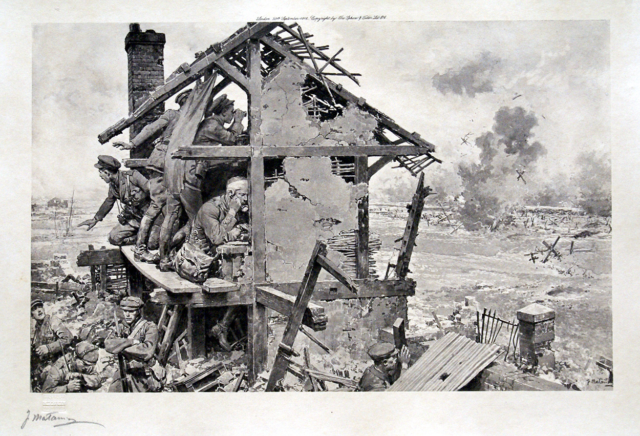 In a British Advanced Observation Post (World War I) (Framed) (Limited Edition Print) (Signed) art by World Wars (Matania) at The Illustration Art Gallery