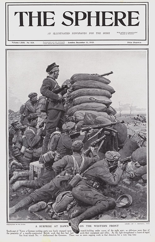 A Surprise at Dawn on the Western Front 1915  (original cover page The Sphere 1915) (Print) by 1915 (Matania original prints) at The Illustration Art Gallery