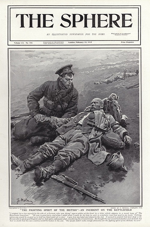 The Fighting Spirit of the British, an Incident on the Battlefield (original cover page) (Print) by 1915 (Matania original prints) at The Illustration Art Gallery