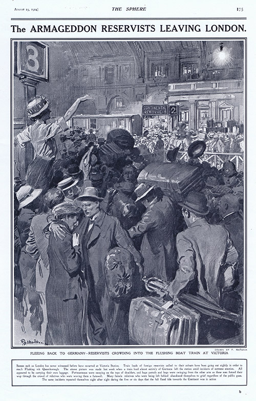 The Armageddon Reservists Leaving London 1914  (original cover page The Sphere 1914) (Print) by 1914 (Matania original prints) at The Illustration Art Gallery
