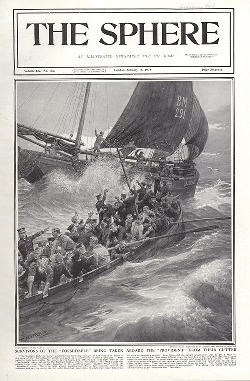 Survivors of the 'Formidable' being Rescued  (original cover page The Sphere 1915) (Print) by 1915 (Matania original prints) at The Illustration Art Gallery
