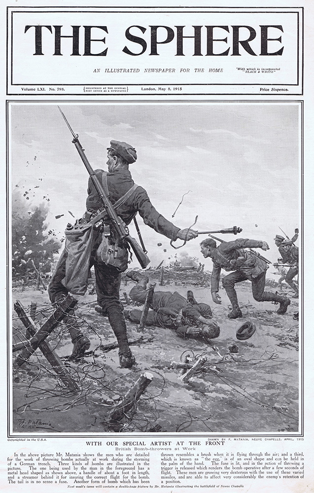 British Bomb Throwers at Work 1915  (original cover page The Sphere 1915) (Print) art by 1915 (Matania original prints) at The Illustration Art Gallery