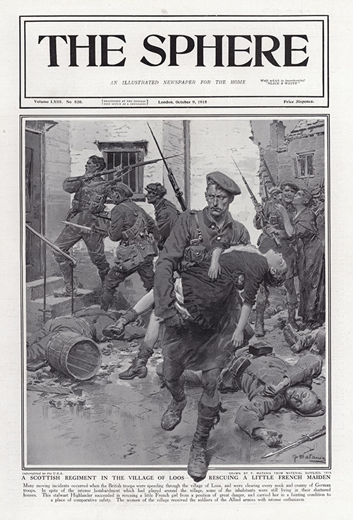 A Scottish Regiment in Loos 1915  (original cover page The Sphere 1915) (Print) by 1915 (Matania original prints) at The Illustration Art Gallery