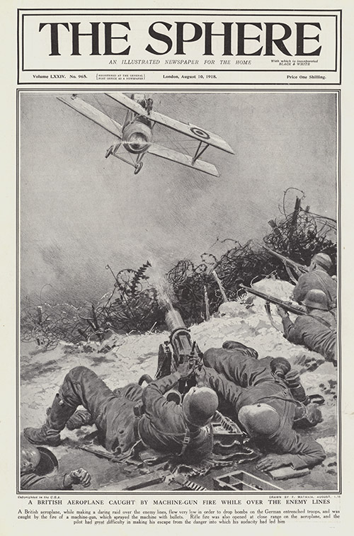 A British Aeroplane caught by German machine guns  (original cover page The Sphere 1918) (Print) by 1918 (Matania original prints) at The Illustration Art Gallery