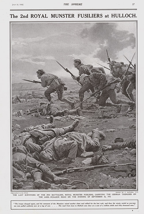 The 2nd Royal Munster Fusiliers at Hulloch 1916  (original cover page The Sphere 1916) (Print) by 1916 (Matania original prints) at The Illustration Art Gallery