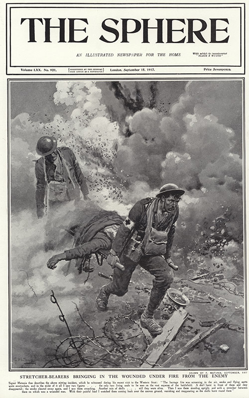 Stretcher Bearers at the Front 1917 (original cover page The Sphere 1917) (Print) by 1917 (Matania original prints) at The Illustration Art Gallery