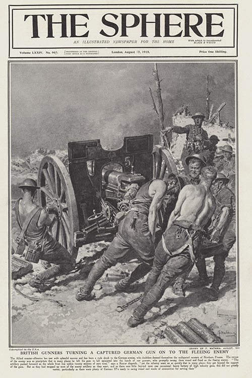 British Gunners Turn Captured German Gun on the Enemy 1918 (original cover page) (Print) by 1918 (Matania original prints) at The Illustration Art Gallery