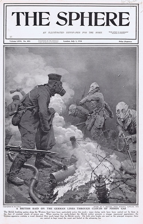 A British Raid on German Lines under cover of Poison Gas  (original cover page 1916) (Print) by 1916 (Matania original prints) at The Illustration Art Gallery