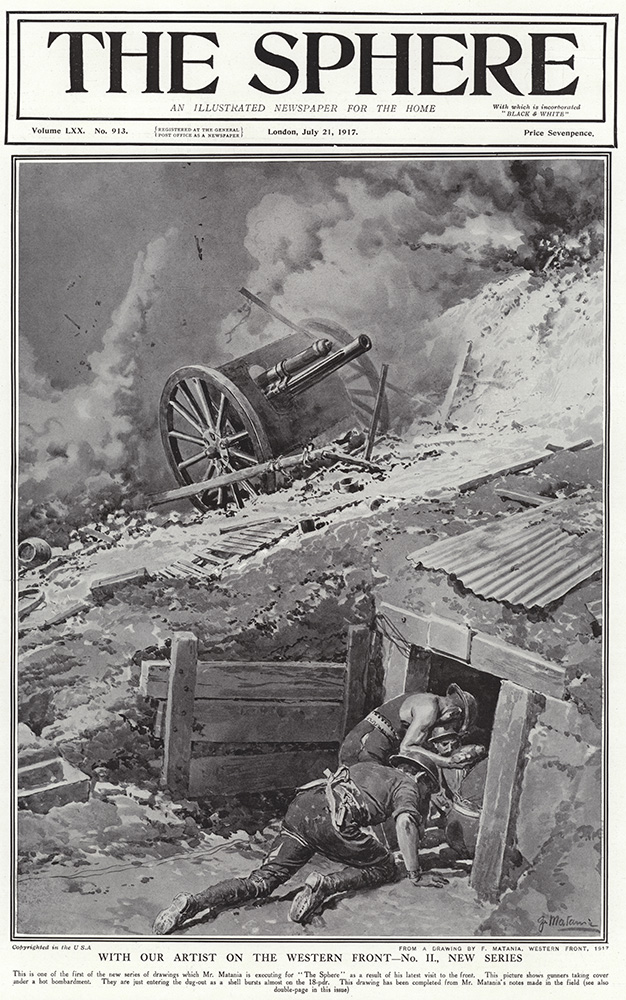 Gunners taking cover in 1917  (original cover page The Sphere 1917) (Print) art by 1917 (Matania original prints) at The Illustration Art Gallery
