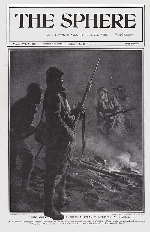 Who Goes There? At Combles 1916  (original cover page The Sphere 1916) (Print) by 1916 (Matania original prints) at The Illustration Art Gallery