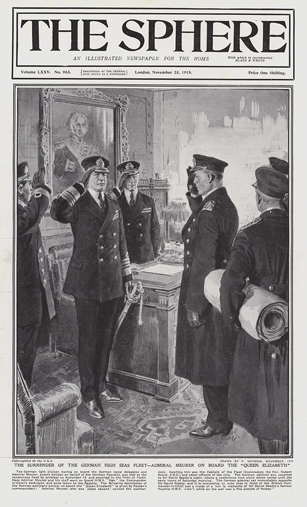 The German High Seas Fleet Surrenders  (original cover page from The Sphere dated 1918) (Print) art by 1918 (Matania original prints) at The Illustration Art Gallery