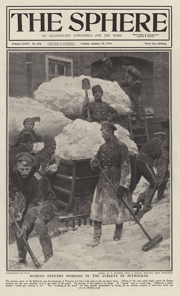 Russian soldiers working in Petrograd  (original cover page from The Sphere dated 1919) (Print) art by 1919 (Matania original prints) at The Illustration Art Gallery