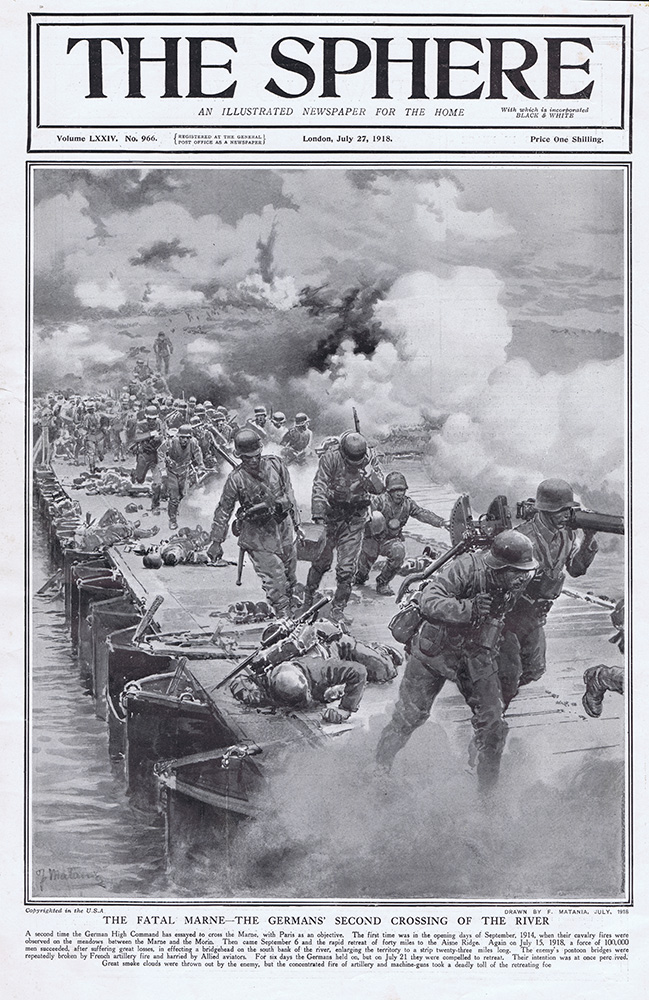 The Fatal Marne the Germans Second Crossing  (original cover page The Sphere 1918) (Print) art by 1918 (Matania original prints) at The Illustration Art Gallery