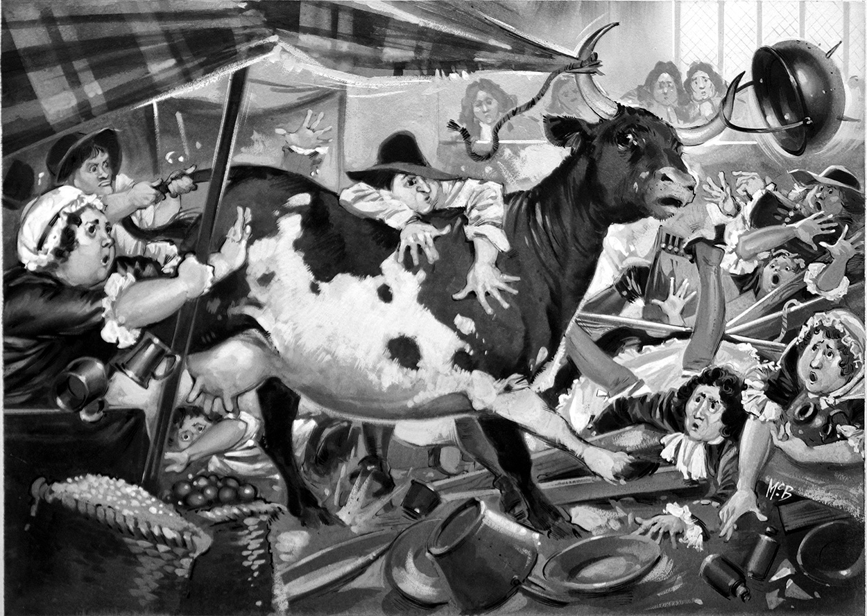 Cow Causes Commotion (Original) (Signed) art by British History (Angus McBride) at The Illustration Art Gallery