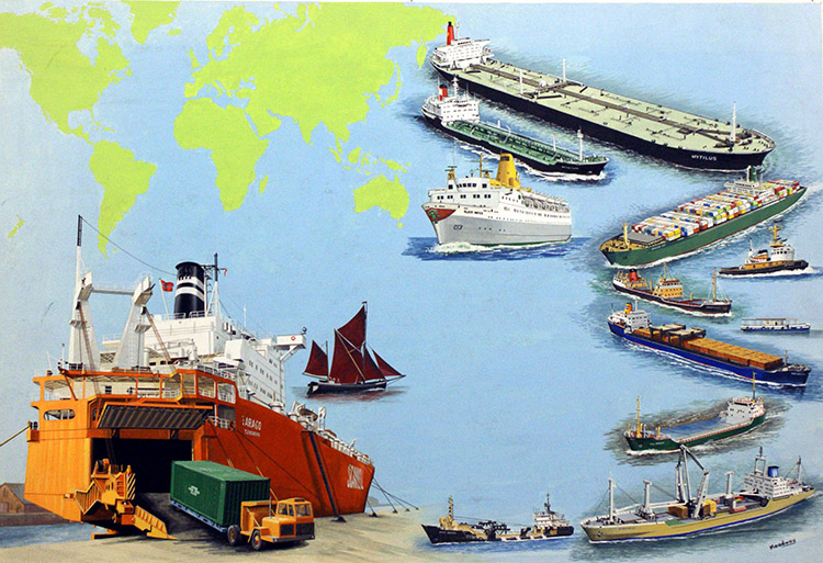 Montage of Cargo Ships Around the World (Original) (Signed) by Clifford Meadway at The Illustration Art Gallery