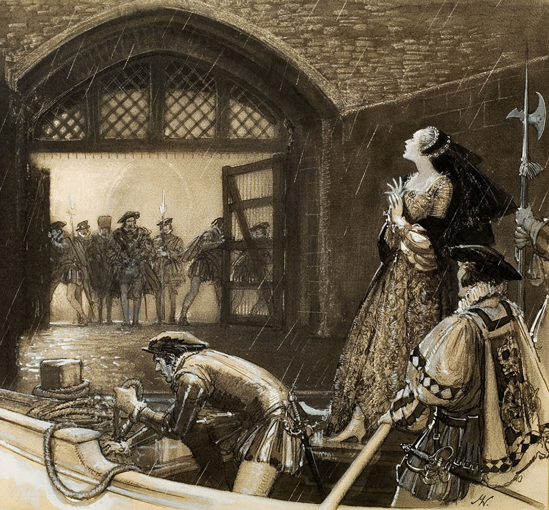 Ann Boleyn arrives at The Traitor's Gate (Original) (Signed) art by John Millar Watt Art at The Illustration Art Gallery