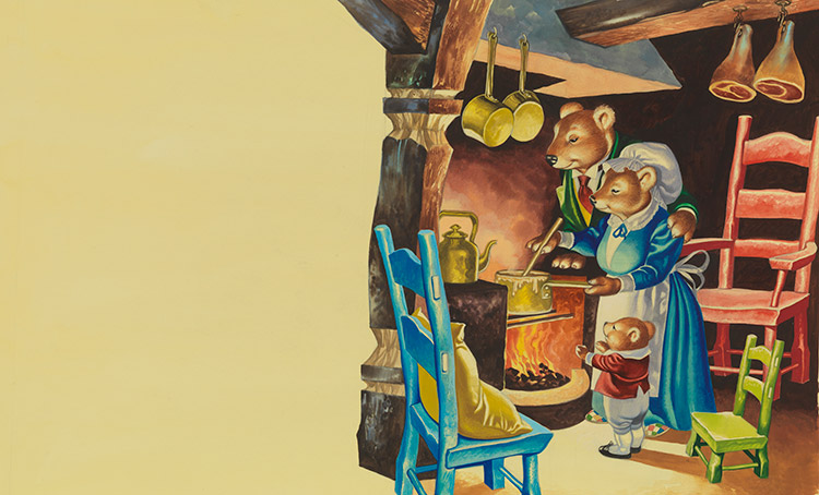 The Three Bears - stirring the porridge (Original) by Goldilocks (Ron Embleton) at The Illustration Art Gallery