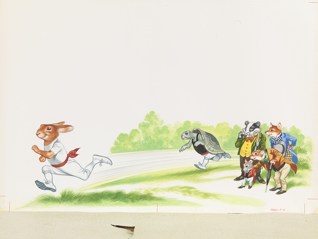 The Hare Races into the Lead as the Tortoise Follows (Original) art by Aesop's Fables (Ron Embleton) at The Illustration Art Gallery