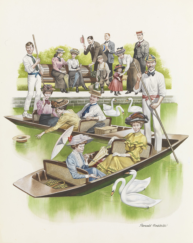 Edwardian Punting (Original) (Signed) art by Victorian and Edwardian Britain (Ron Embleton) at The Illustration Art Gallery