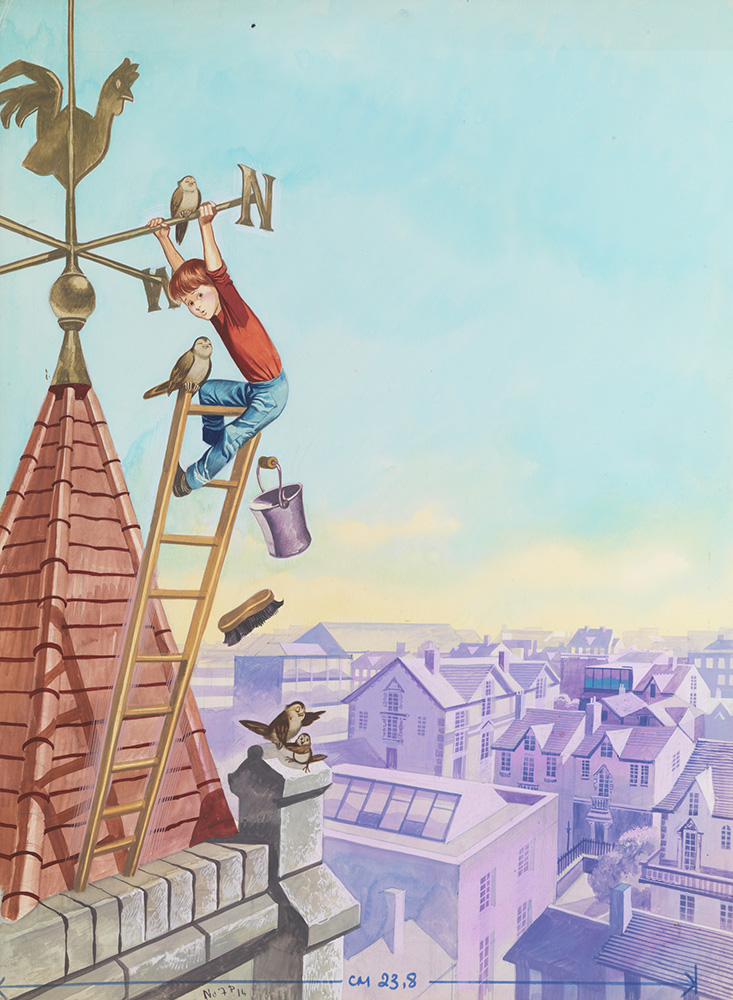 Child Climbing on Wind Vane over City (Original) art by More Children's Stories (Ron Embleton) at The Illustration Art Gallery