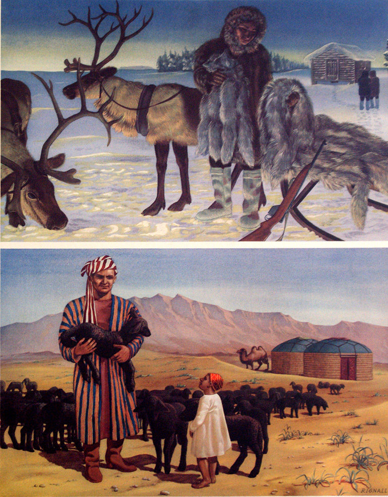 A Fur Hunter and a Shepherd, Soviet Union (Original Macmillan Poster) (Print) art by John Rignall at The Illustration Art Gallery