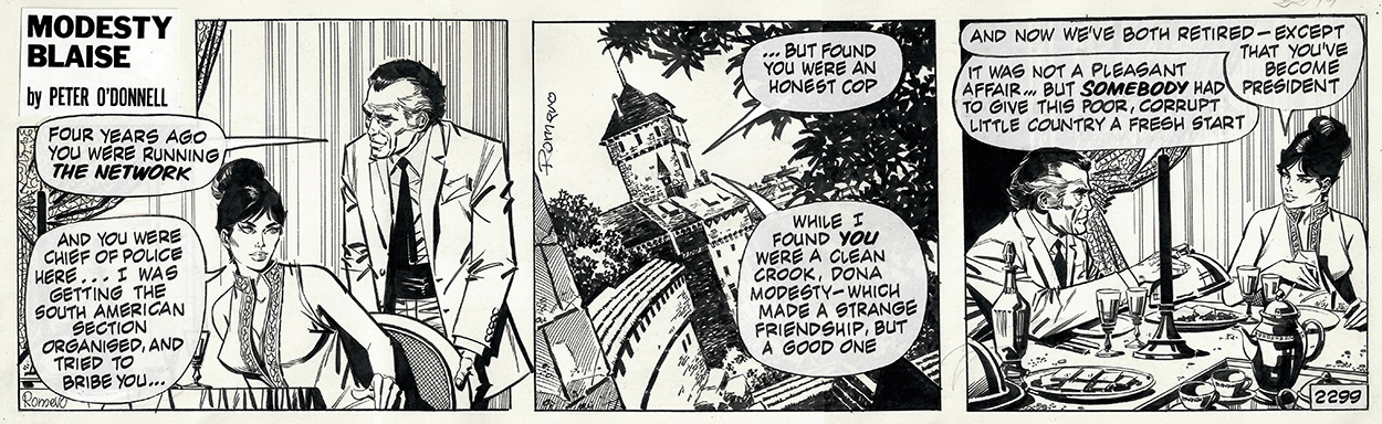 Modesty Blaise strip 2299 - The Green Eyed Monster: A Clean Crook (Original) (Signed) art by Modesty Blaise (Romero) Art at The Illustration Art Gallery