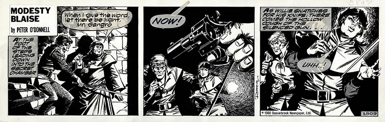 Modesty Blaise daily strip 3809 - Shot in the Secret Chamber (Original) (Signed) by Modesty Blaise (Romero) Art at The Illustration Art Gallery